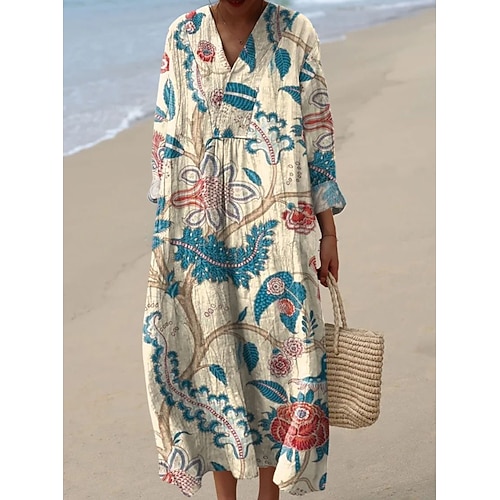 Damen Maxikleid Shiftkleid Lässig Täglich Ausgehen Lässiger Schnitt Blumen Grafik Langarm V Ausschnitt Blau Rote Beige Sommer Frühling Image