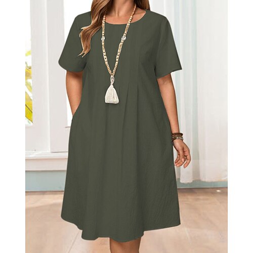 Damen Minikleid Baumwoll-Leinen-Kleider Shiftkleid Freizeitkleid Elegant Vintage Mode Täglich Urlaub Ausgehen Normale Passform Einfach Kurzarm Rundhalsausschnitt Schwarz Weiß Armeegrün Dunkelblau Image