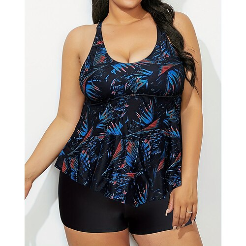 Damen Badeanzug 2 Teile Tankini in Übergröße Tropisch Ultraleicht (UL) Bauchkontrolle Elastisch Ärmellos Bademode Surfen Schnorcheln Sommer Image