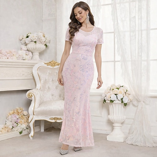 1920er Vintage inspiriert Knöchellänge Lange Länge Kleid Hochzeit Junggesellenabschied Kurze Ärmel Der große Gatsby Hochzeitsgast Pailletten Rundhals Rundausschnitt Kostüm Damen Karneval Image