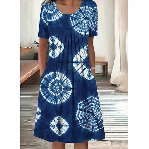 Damen Midikleid Kunstbaumwollleinen Shiftkleid Freizeitkleid Sommerkleid Mode Modern Täglich Strand Wochenende Normale Passform Blumen Kurzarm Rundhalsausschnitt Blau Weiß Rote Marineblau Sommer Image