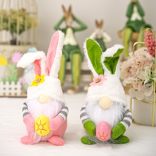 2er-Pack Osterdekorationen: Rosa Ohren, karierte Hasen-, Gnome- und Elfenfiguren für die Osterfeiertage, als Frühlingsdekoration für das Regal oder als niedliche Figuren für das Wohnzimmer. Image