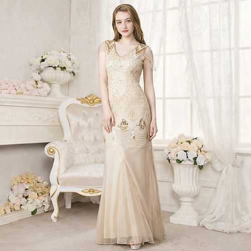 Goldene Zwanziger 1920er Knöchellänge Kleid Hochzeit Junggesellenabschied Kurze Ärmel Der große Gatsby Hochzeitsgast Pailletten V Ausschnitt Kostüm Damen Maskerade Abendgesellschaft Party Erwachsene Image