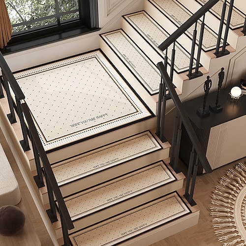 Treppenstufenmatten im amerikanischen Stil, selbstklebend (ohne Klebstoff), cremefarben, rutschfest, waschbar, strapazierfähig, leicht zu reinigen und zu pflegen Image