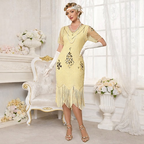 Goldene Zwanziger 1920er Knielang Kleid Hochzeit Junggesellenabschied Kurze Ärmel Der große Gatsby Charleston Hochzeitsgast Pailletten Quastenfransen V Ausschnitt Kostüm Damen Karneval Maskerade Image