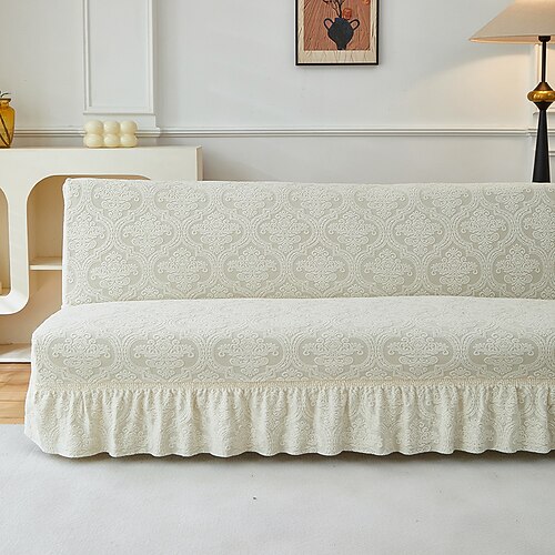 Zwei verschiedene Größen Jacquard-Stoff-Sofaüberzug ohne Armlehnen mit Volantsaum, dehnbarer Schutzbezug für Sofa, Bank und als Dekoration für das neue Jahr Image