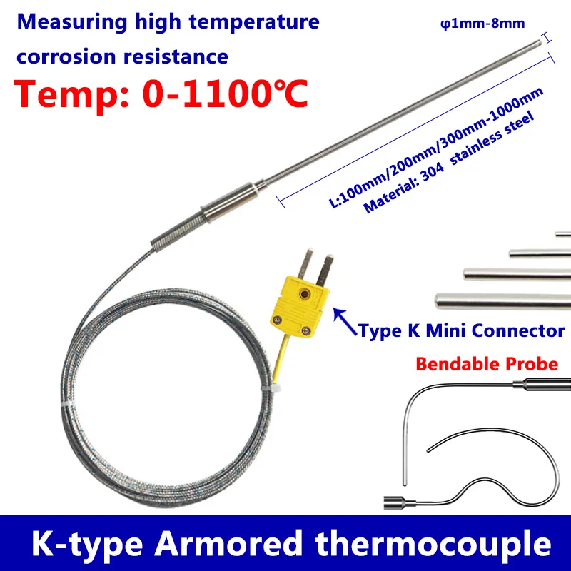 Gepanzertes Thermoelement Typ K Biegsamer Sensordraht 1 mm//2 mm/3 mm-8 mm Durchmesser 100/200/300 mm WRNK-191 0-1100 Grad Temperatursensor Image