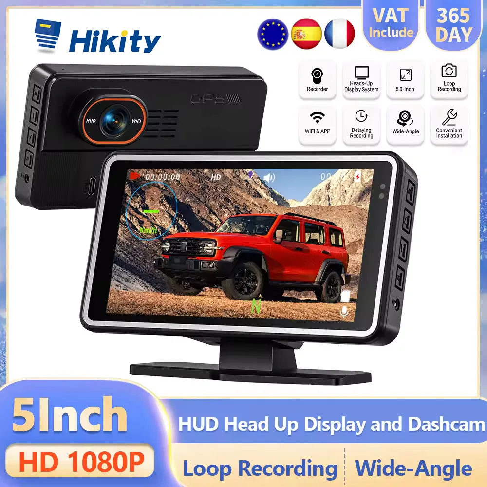 Caméra embarquée Hikity 5 pouces avec écran IPS 1080P, enregistreur DVR, enregistrement en boucle, Wi-Fi intégré, réglage de l