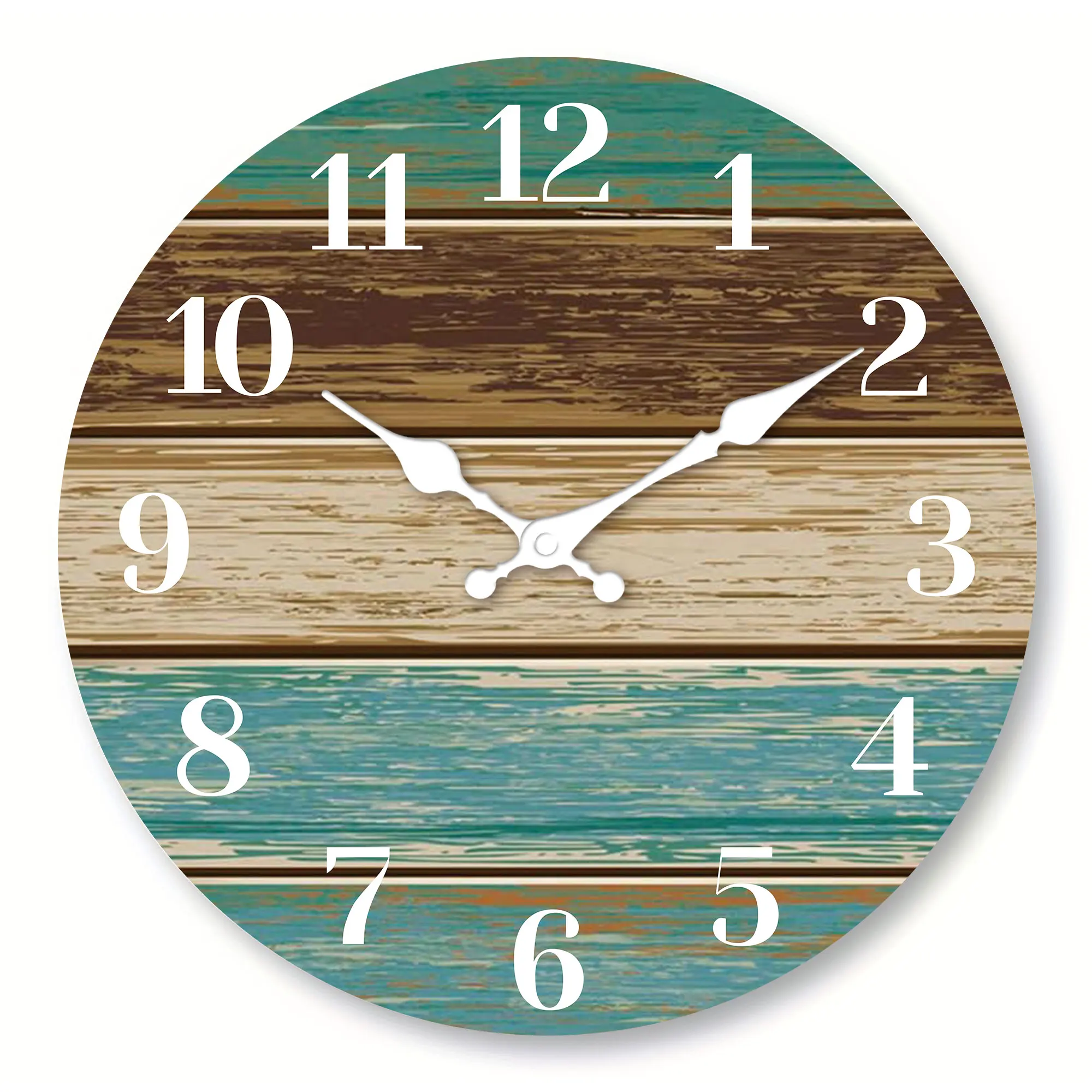 1pc Holz furnier Wanduhr, Retro blau und braun Holz Textur Design Wanduhr, Home Mute Uhr, Küste Meer Thema blaue Wand cl Image