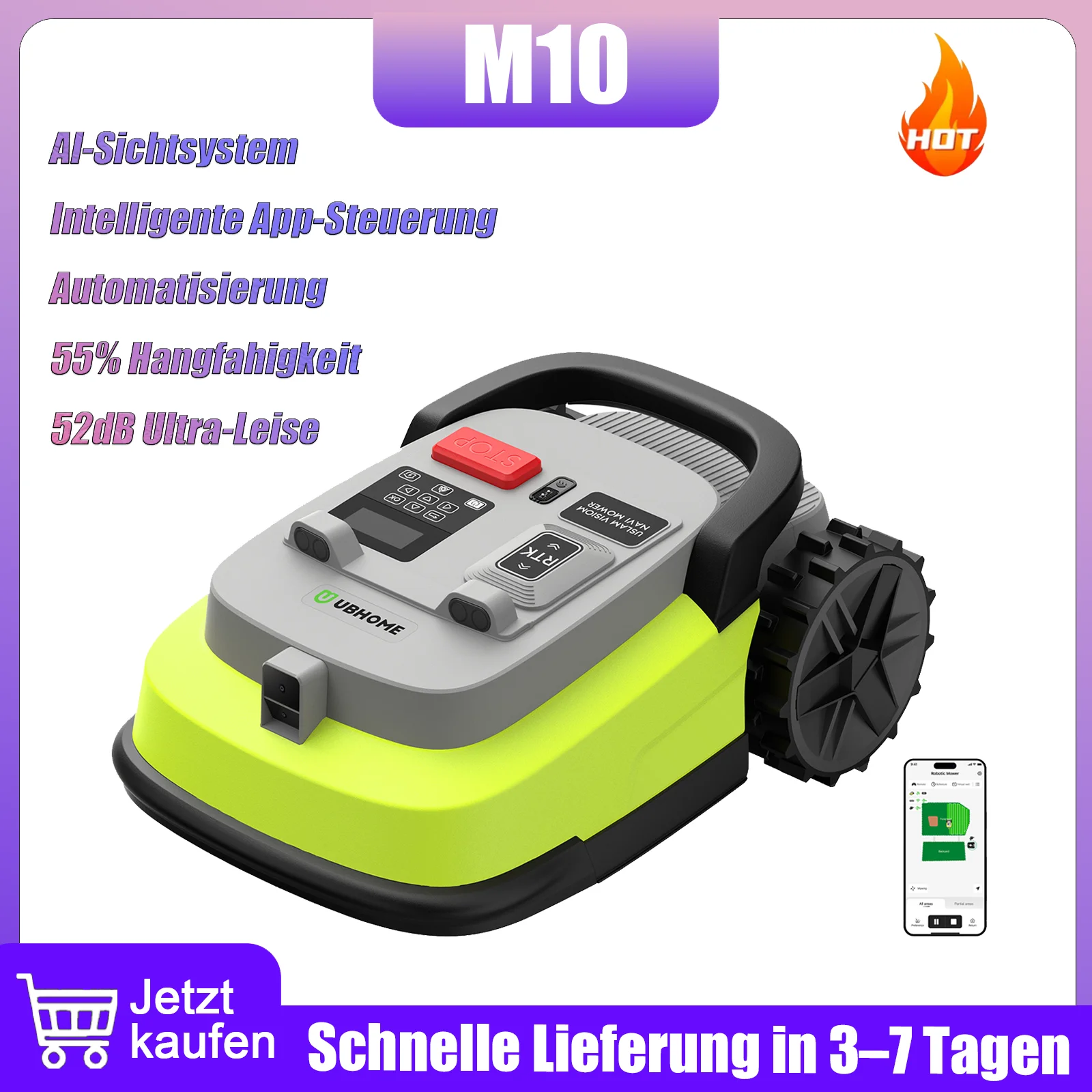 M10 RTK+AI Vision Roboter-Rasenmäher – perimeter kabellos, präzise Navigation und Hindernisvermeidung, 55 % Neigungsfähigkeit 52 dB Image