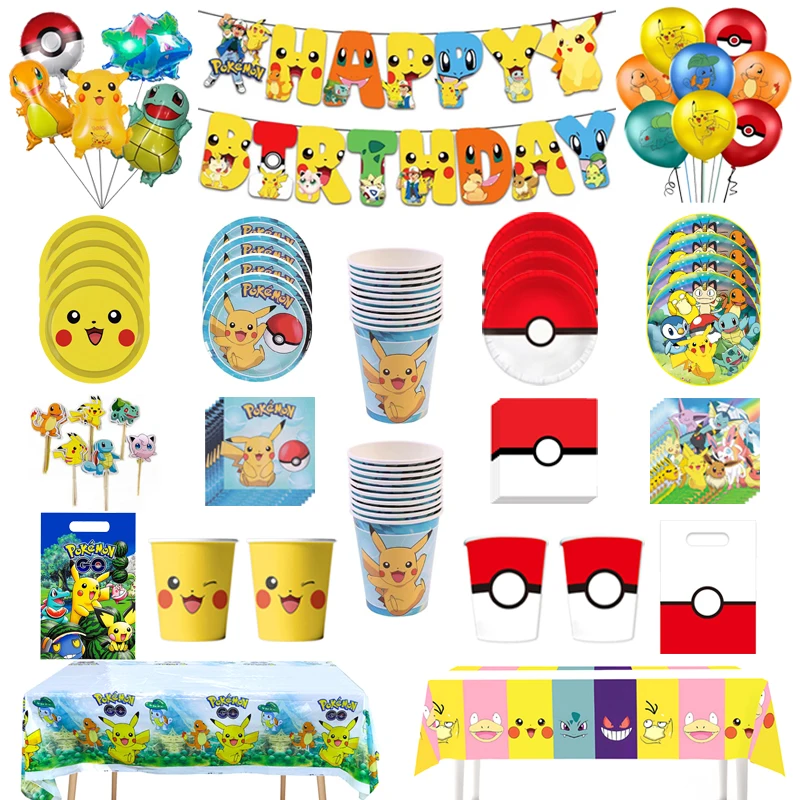 Pokemon Geburtstag Party Dekoration Pikachu Einweg Geschirr Tasse Serviette Platte Tischdecke Baby Dusche Kuchen Topper Flagge Luftballons Image