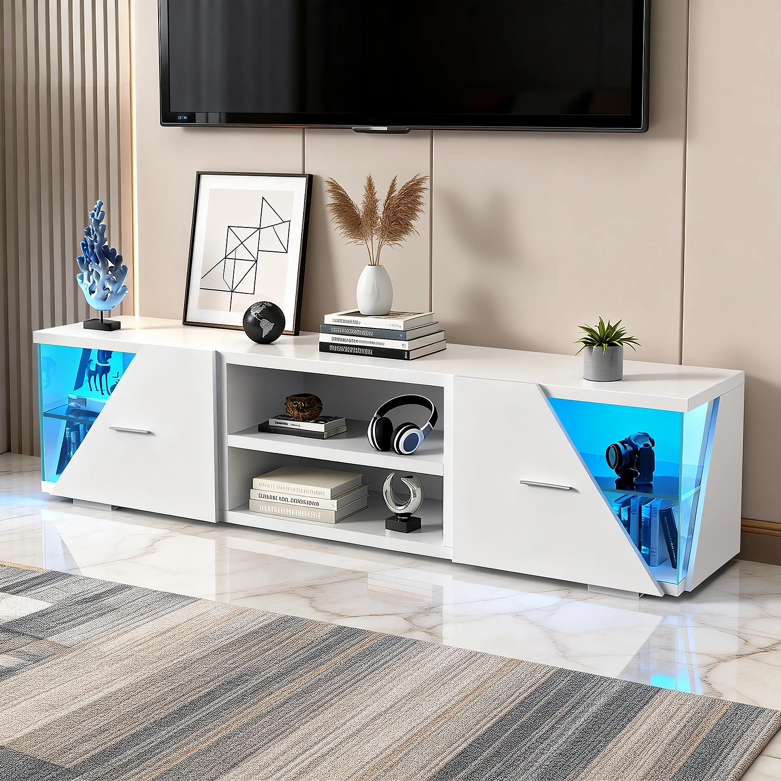 TV-Schrank, 45 Zoll TV Lowboard mit LED-Leuchten, Moderner Kommode Fernsehschrank mit 2 Schränke, Fernsehtisch, TV Möbel, Weiß Image