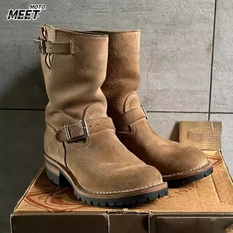 Handgefertigte Vintage Khaki Arbeitsstiefel Herren Mid-Calf Retro Engineer Ort Schuhe American Retro Motorradstiefel Faded Mid-Calf Boot