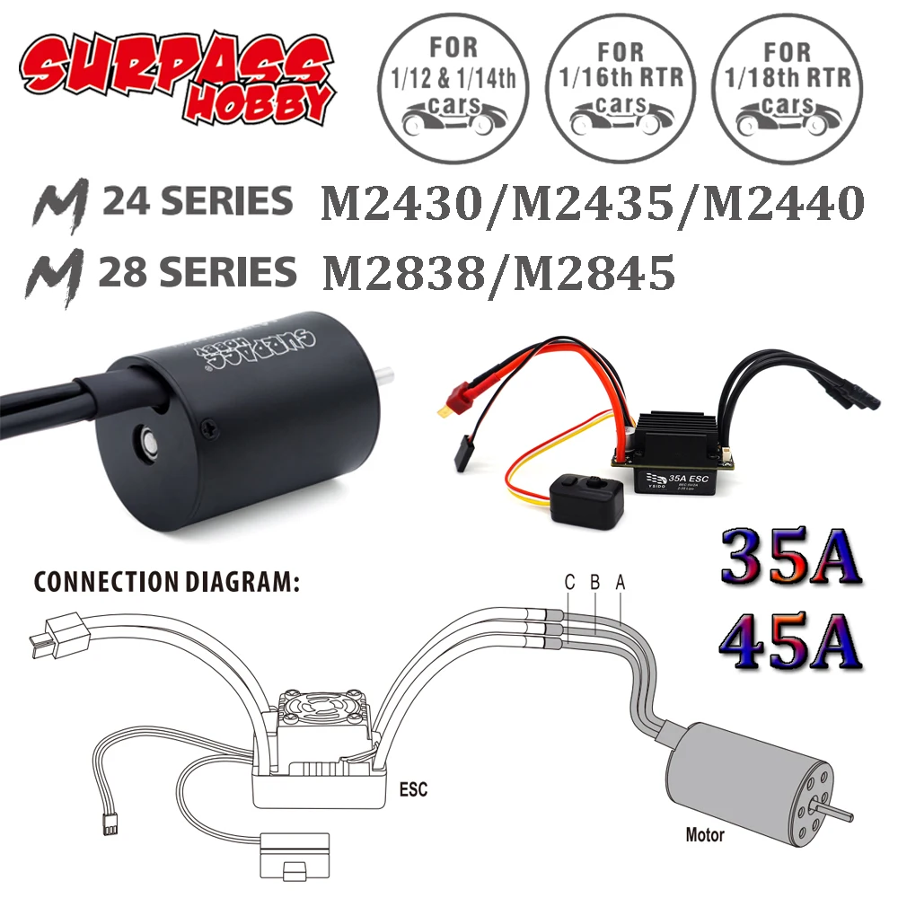 Surpass Hobby M2430/2435/2440/2838/2845 Bürstenloser Motor 45A 35A ESC 2-3S Combo Set für 1/18 1/16 1/14 1/12 RC Crawler Truck Autos