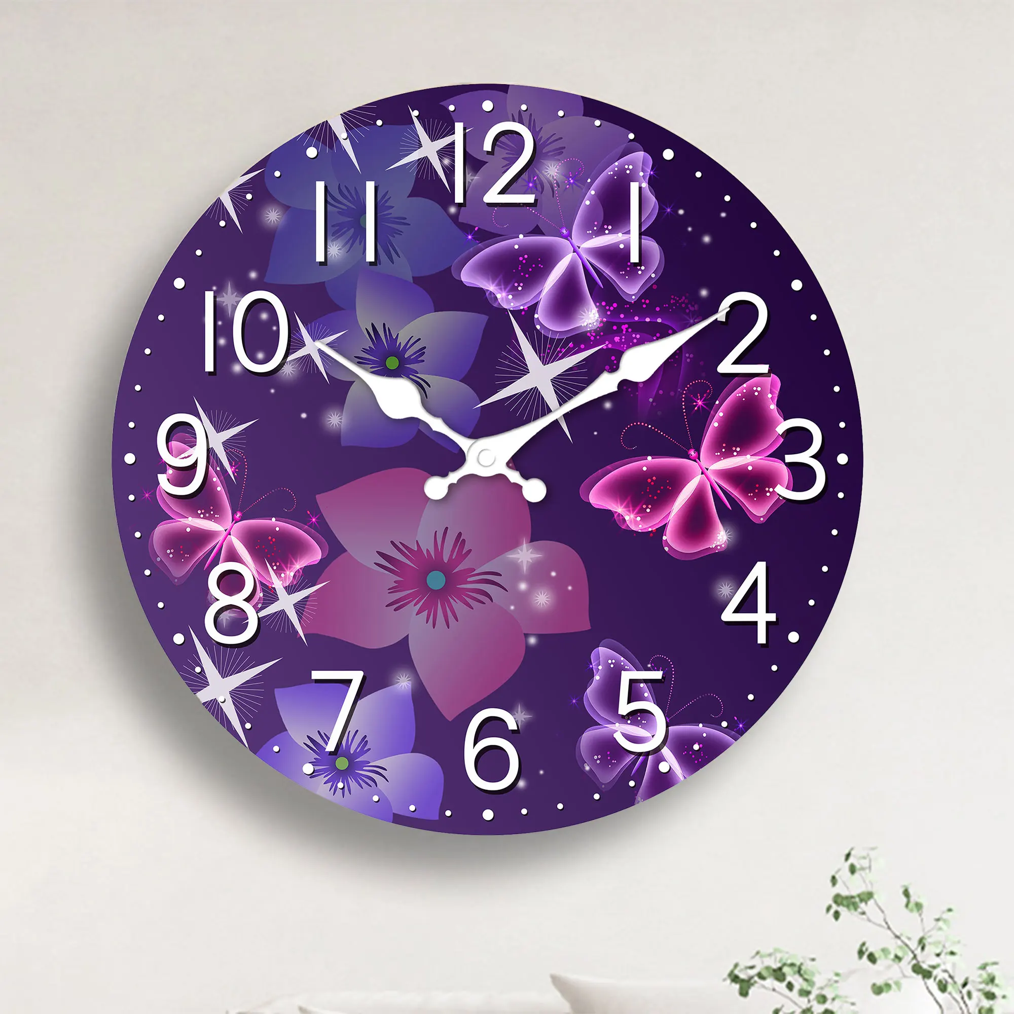 1pc 10-16 inch runde hölzerne Wanduhr, Retro schöne lila Schmetterling und Pflaumen rot Schmetterling Design Wanduhr, für Wohnzimmer