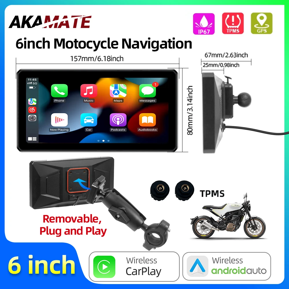 6 zoll Motorrad Navigation Display Drahtlose CarPlay Android Auto Monitor Bluetooth Tragbare Motorrad Wasserdichte Bildschirm Image