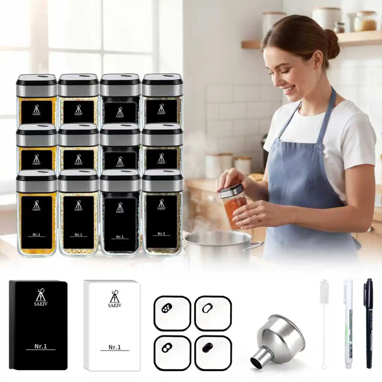 Set di barattoli di spezie quadrati in vetro da 120 ml, contenitori ermetici con coperchio girevole per l'organizzazione e lo stoccaggio delle spezie da cucina