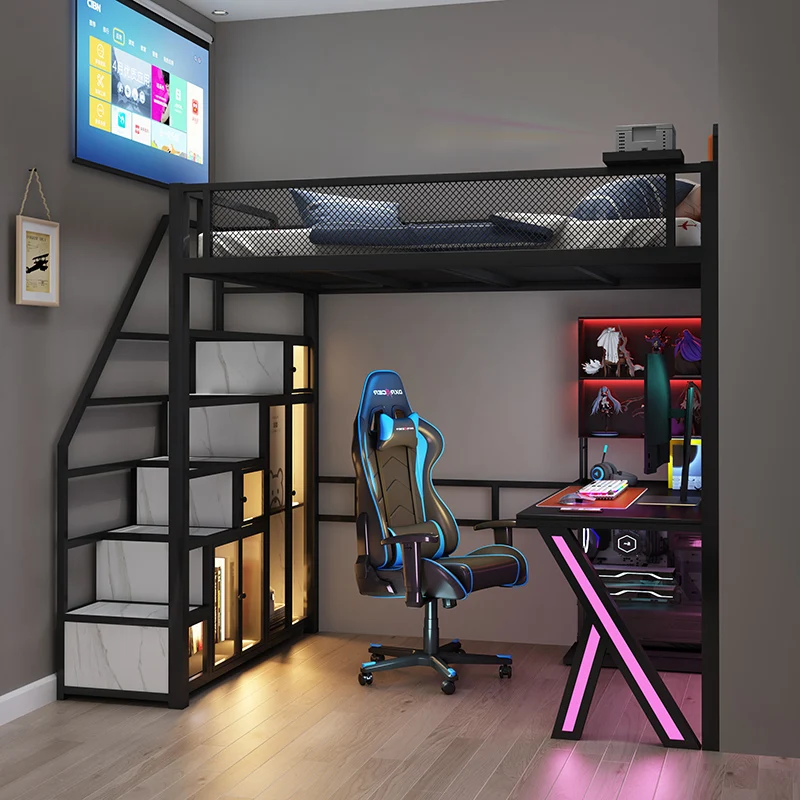 Tillais E-Sport-Hochbett, multifunktionales, platzsparendes Pavillonbett für kleine Wohnungen, modernes und einfaches Schmiedeeisen auf dem Bett Image