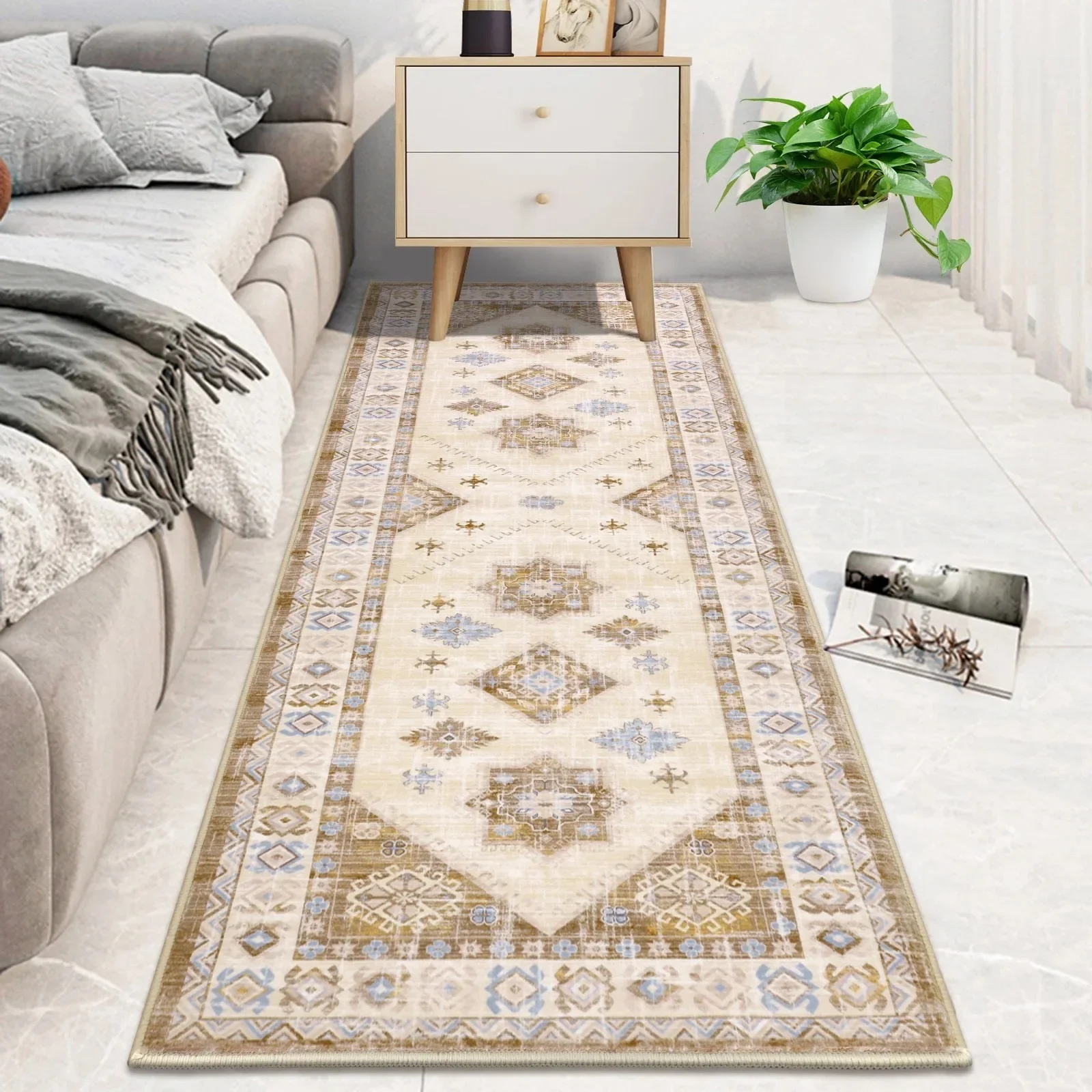 Heißer Verkauf, rutschfester, eleganter, geometrischer Vintage-Läuferteppich: Beige, Blau, Boho-Muster, waschbarer Teppich für Schlafzimmer, Wohnzimmer und Flur