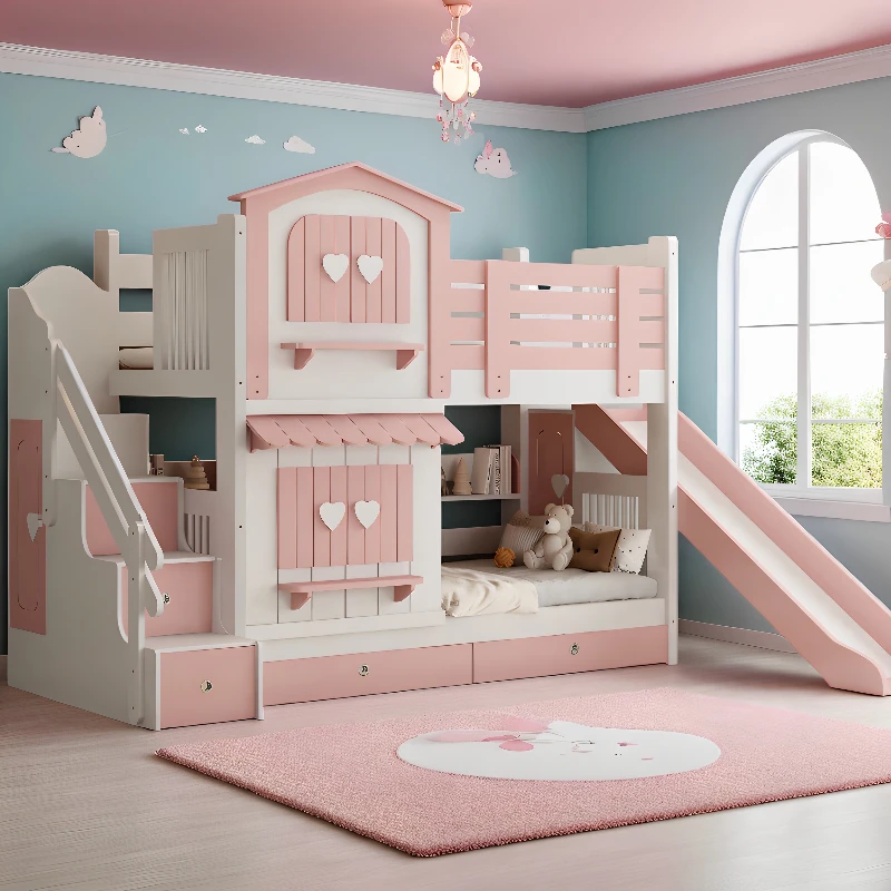 Rosa Prinzessin Etagenbett Kinderschloss Baumhaus Bett Etagenbett Mädchen Bequemes Zuhause beleuchtete Superposé Enfant Schlafzimmermöbel