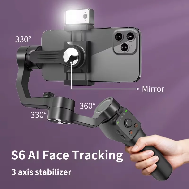 QAML S6 3-Achsen-Gimbal Gestensteuerung und Fülllicht für glatte Vlogs, Bäche und Selfies. Kompakt und langlebig, perfekt für Schöpfer Image
