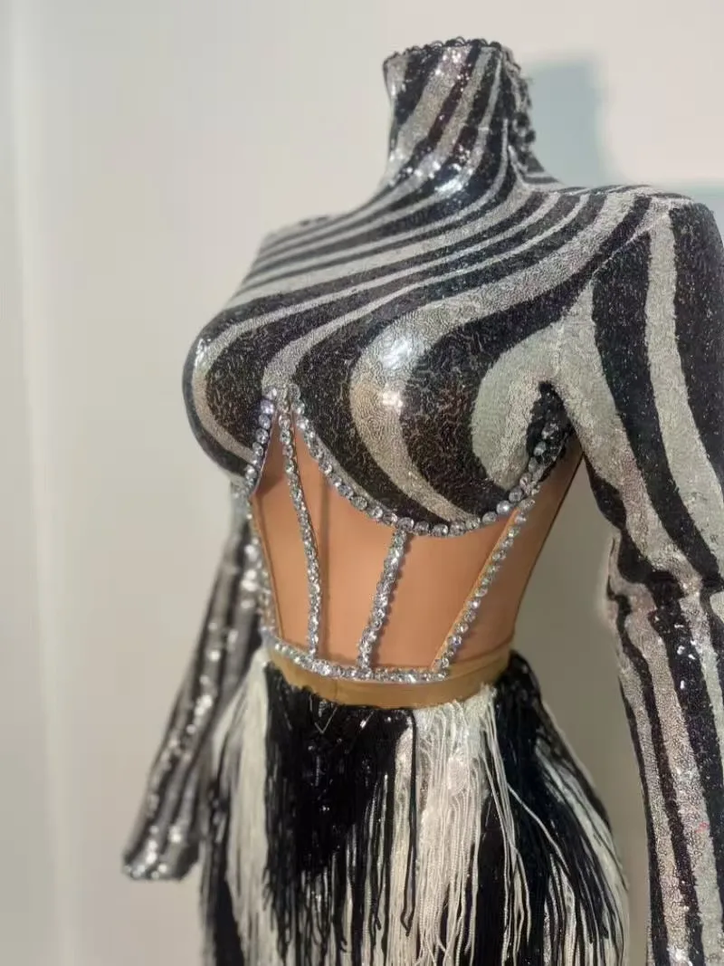 Frauen Geburtstag Party Kostüm Bar Nachtclub Bühne Leistung Kleidung Sexy Langarm Gestreiften Pailletten Quaste Mini Rock Set Image