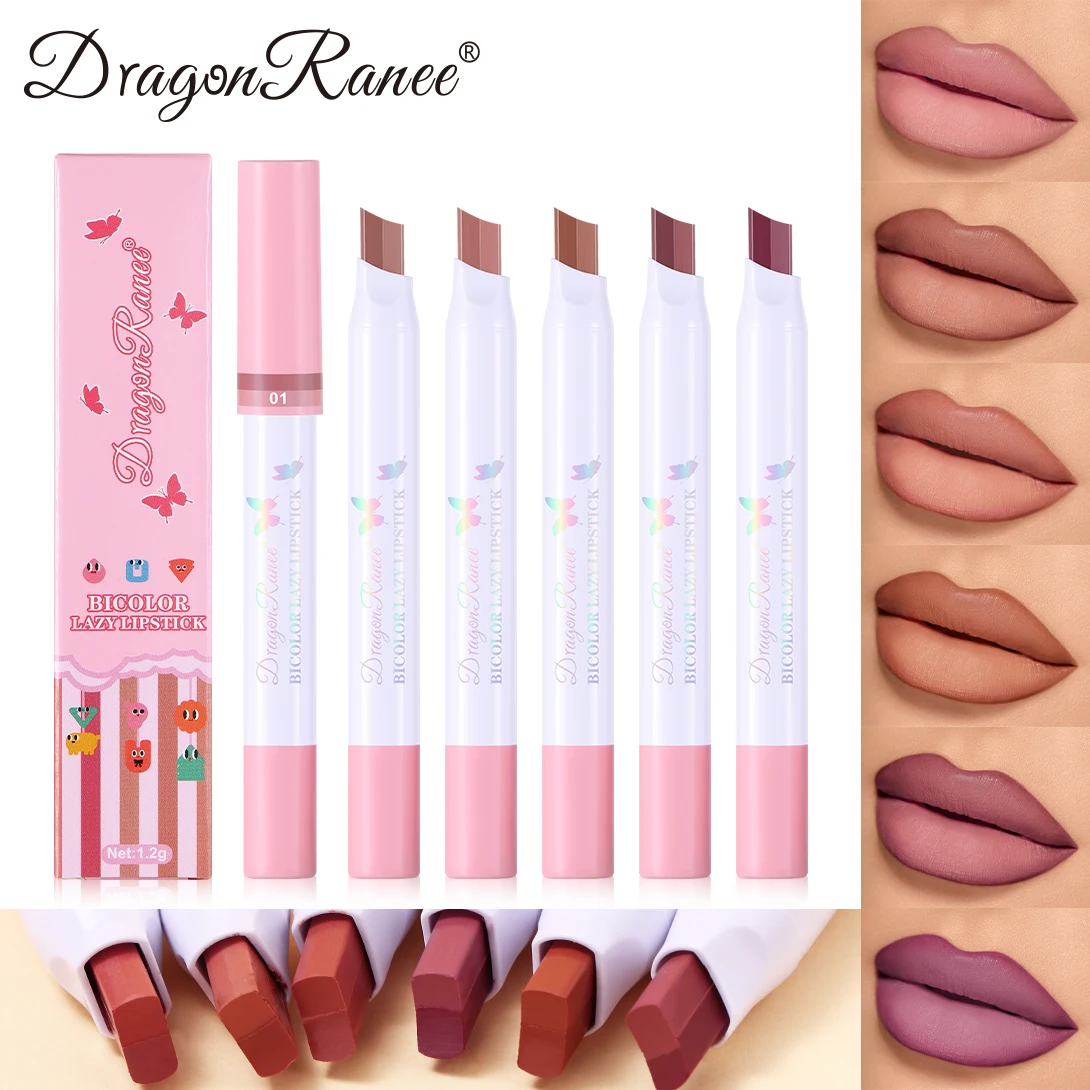 Zweifarbiger Lippenstiftstift, mattes, mattes Finish, langanhaltender Make-up-Effekt, zweifarbig, zart, wasserfest, lichtechter Lipgloss, natürlicher und einfach aufzutragender Lippenstift Image