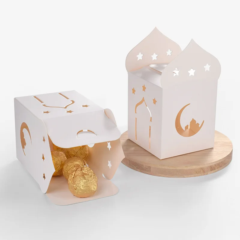 10 Stück Ramadan Mubarak weiß hohle Monde Sterne Muster Happy Eid al-Fitr Schokolade Süßigkeiten Aufbewahrung Geschenk Party Verpackung DIY Boxen Image