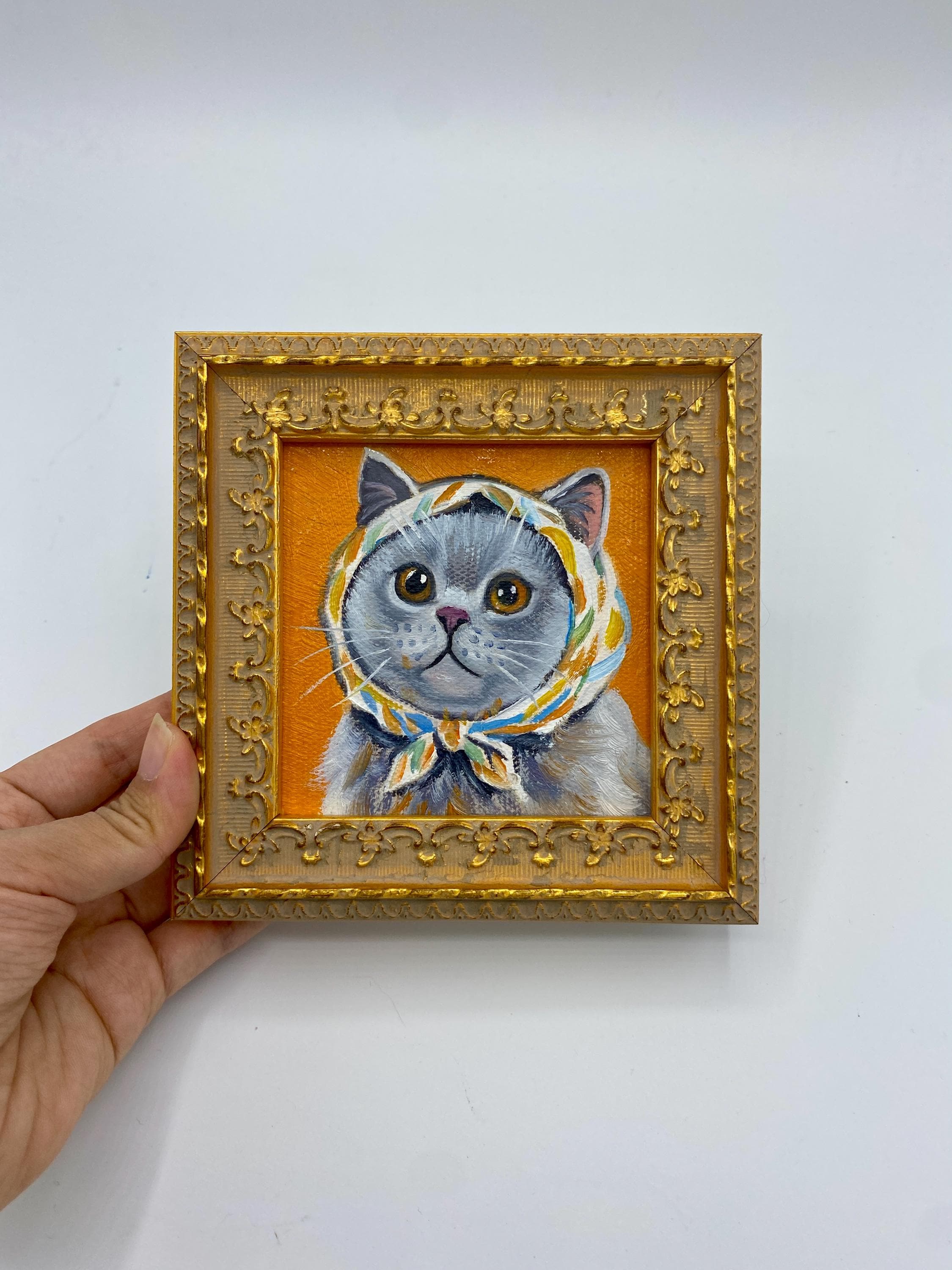 Dipinto ad olio originale, quadro da parete con gatto, quadro da parete con animali, quadro incorniciato, quadro su tela, gatto con sciarpa