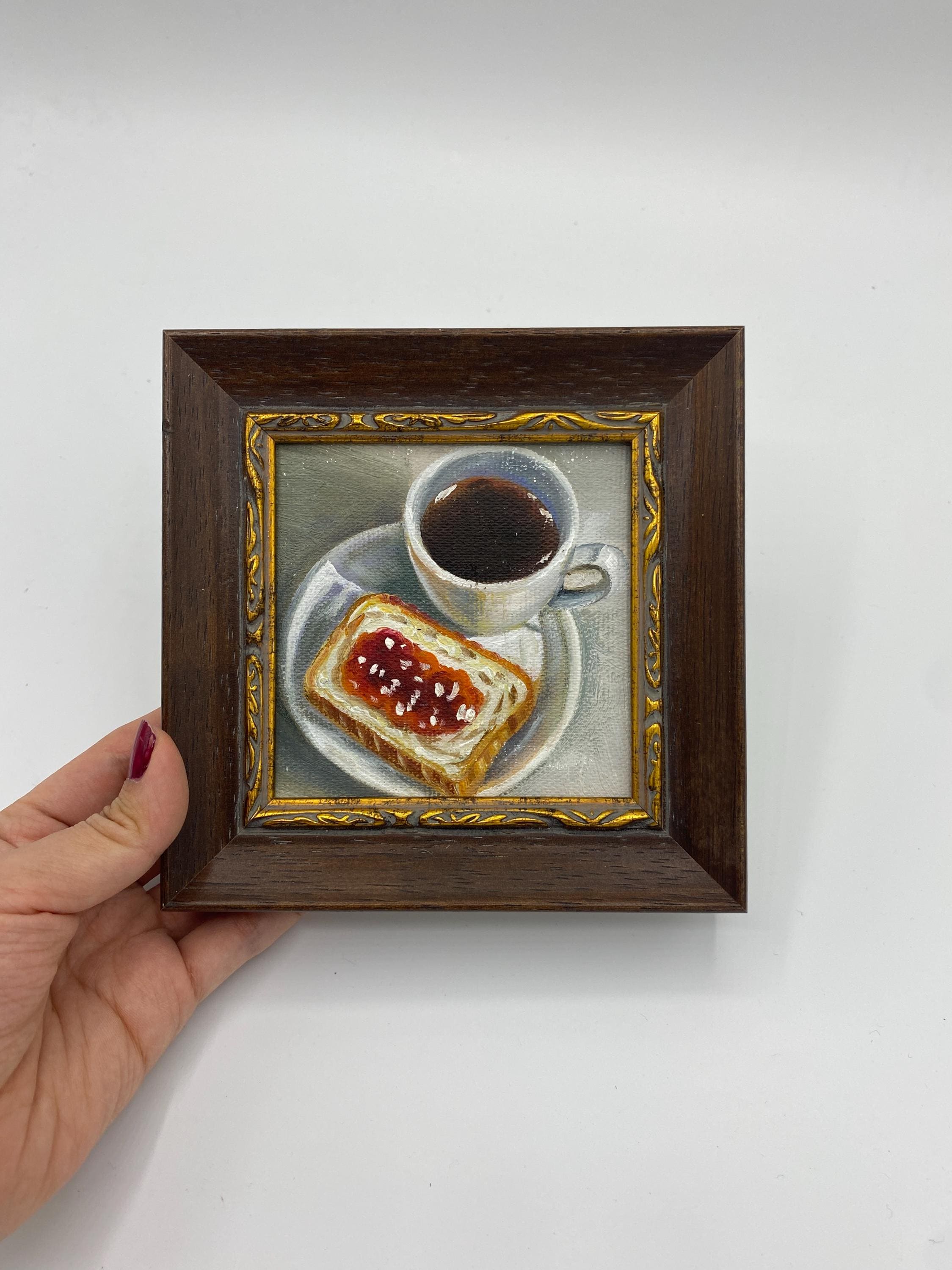 Dipinto ad olio originale, Caffè e pane, Quadro da parete, Decorazione per la cucina, Quadro incorniciato, Quadro su tela