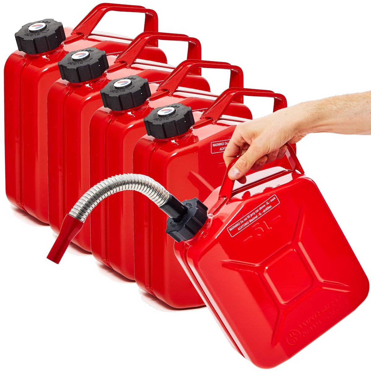 BW® Kraftstoffkanister Metall Benzinkanister 5x 5 Liter mit Schraubverschluss mit Ausgießer - Rot - RAL 3000 - TÜV-geprüft und UN-Zulassung Image