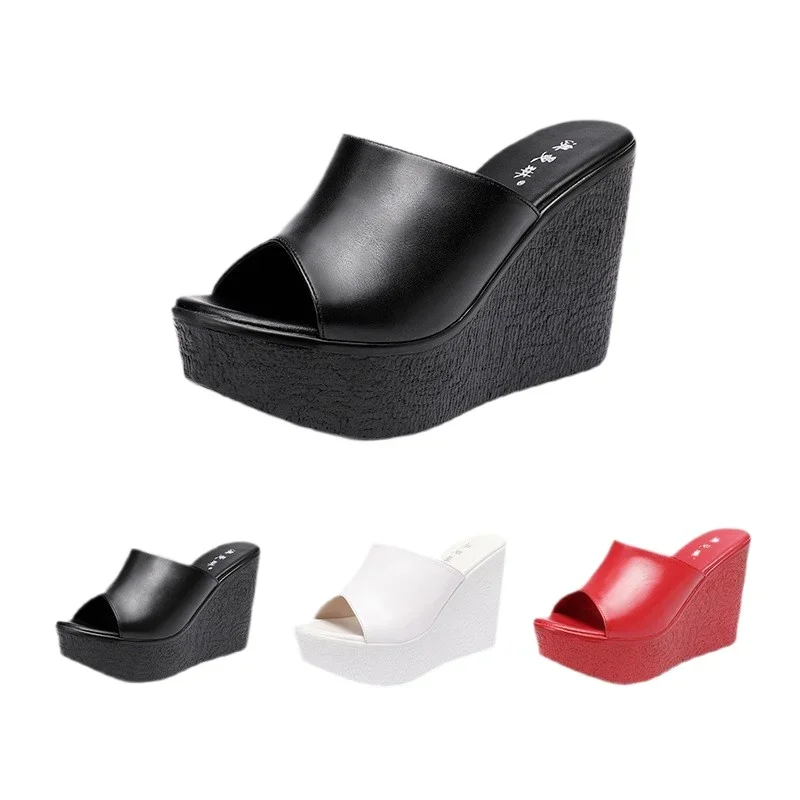 Sommer Echtes Leder Keile Mit Hohen Absätzen Hausschuhe Damen Schuhe für Frauen Peep Toe Außerhalb frauen Weibliche Plattform Sandale Größe 34-41