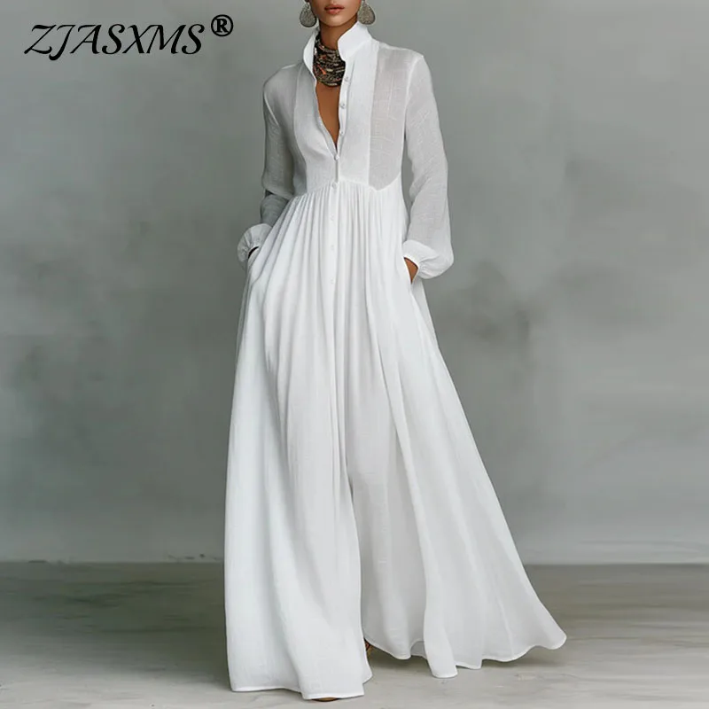 Abito lungo altalena francese elegante a vita alta Abito lungo da donna con tasche solide primaverili Abito lungo a pieghe Abito da sera con bottoni a maniche lunghe autunnale