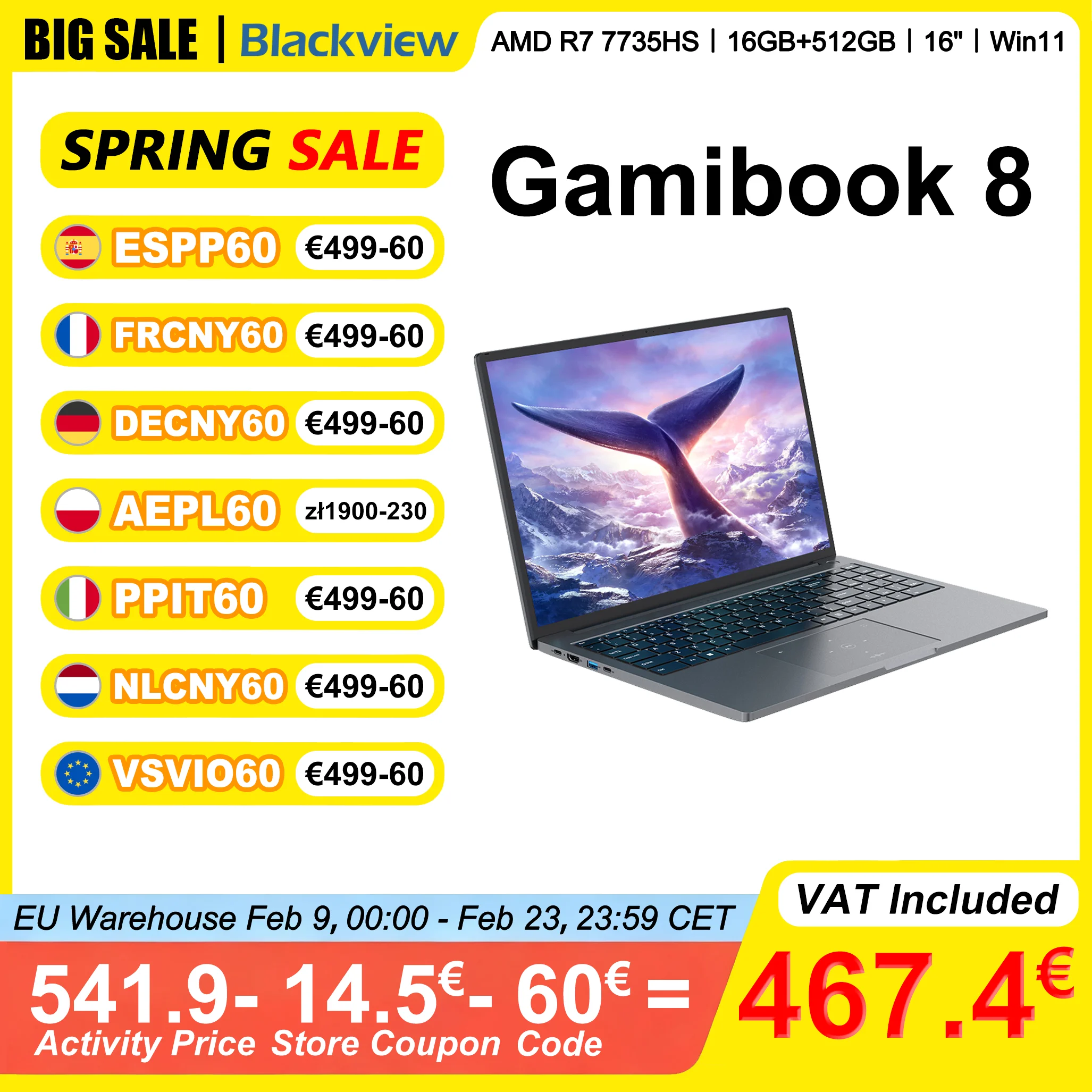 Blackview ‎ GamiBook 8 Laptop 16" AMD R7 7735HS LPDDR5 16 GB/32 GB RAM 512 GB/1 TB ROM Windows 11 Pro BT5.2 Wifi 6 Tastatur mit Hintergrundbeleuchtung Image