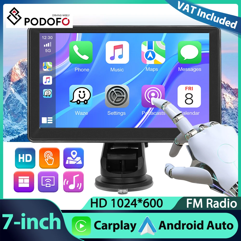 Podofo 7'' Auto Monitor Dashboard Carplay Android Auto Dash Cam Auto DVR EQ Sound Spiegel Link GPS Navigation Smart Screen Player
