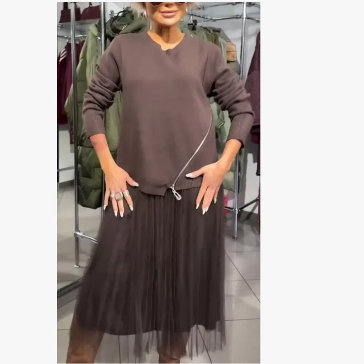 Vêtements féminins vêtements féminins nouveau automne femmes col rond tricot couture maille jupe robes décontractées robes de soirée élégantes