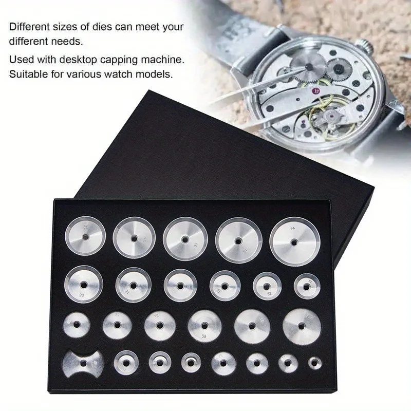 25 stücke Uhr Capping Maschine Stirbt Zurück Abdeckung Presse Werkzeug Presser Näher Aluminium Form Zubehör Uhr Reparatur Werkzeug für Uhrmacher Image