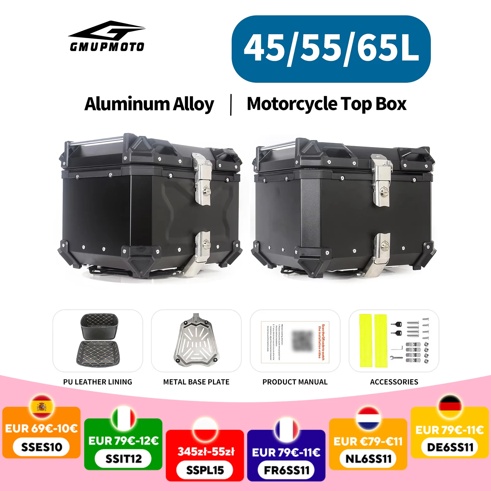 45L/55L/65L Hochleistungs-Topkoffer aus Aluminium für Motorräder, universeller wasserdichter, abschließbarer Heckbox-Kofferraum mit Montagesatz Image