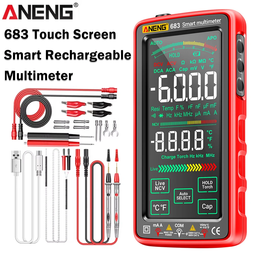 Multimeter Smart Touchscreen Tester Wiederaufladbarer AC/DC Spannungs- und Stromtester NCV Induktions-Diodenprüfer Elektrikerwerkzeug ANENG 683 Image