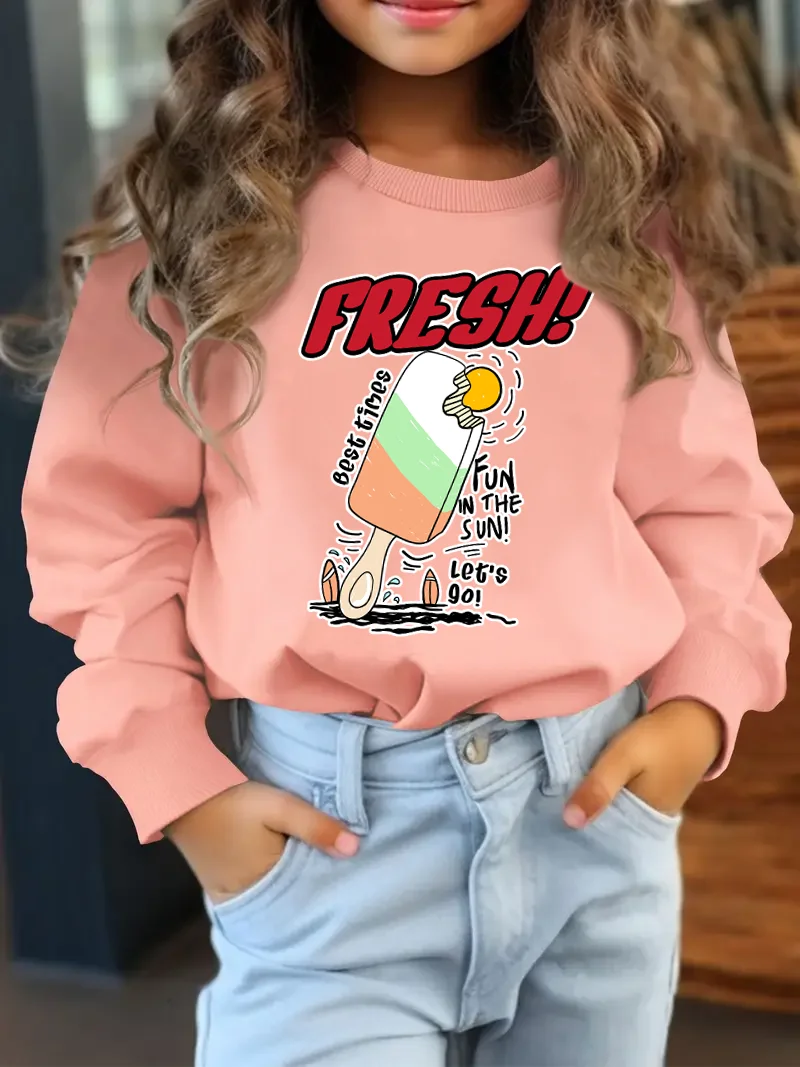 Ein einteiliger rosa Rundhals-Hoodie mit Cartoon-Muster für Mädchen, aus bequemem Stoff, ist für Kinder geeignet Image