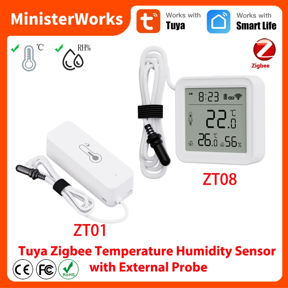Tuya Zigbee Temperatur-Feuchtigkeitssensor mit externer Sonde, Smart Home-Thermometer, unterstützt Fernüberwachung, funktioniert mit SmartLife Image