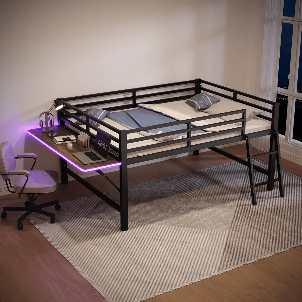 Multifunktionales modernes Metall-Flachbett 140 x 200 cm – All-in-One-Design mit Schreibtisch und ferngesteuerter LED, Bett ohne Matratze Image