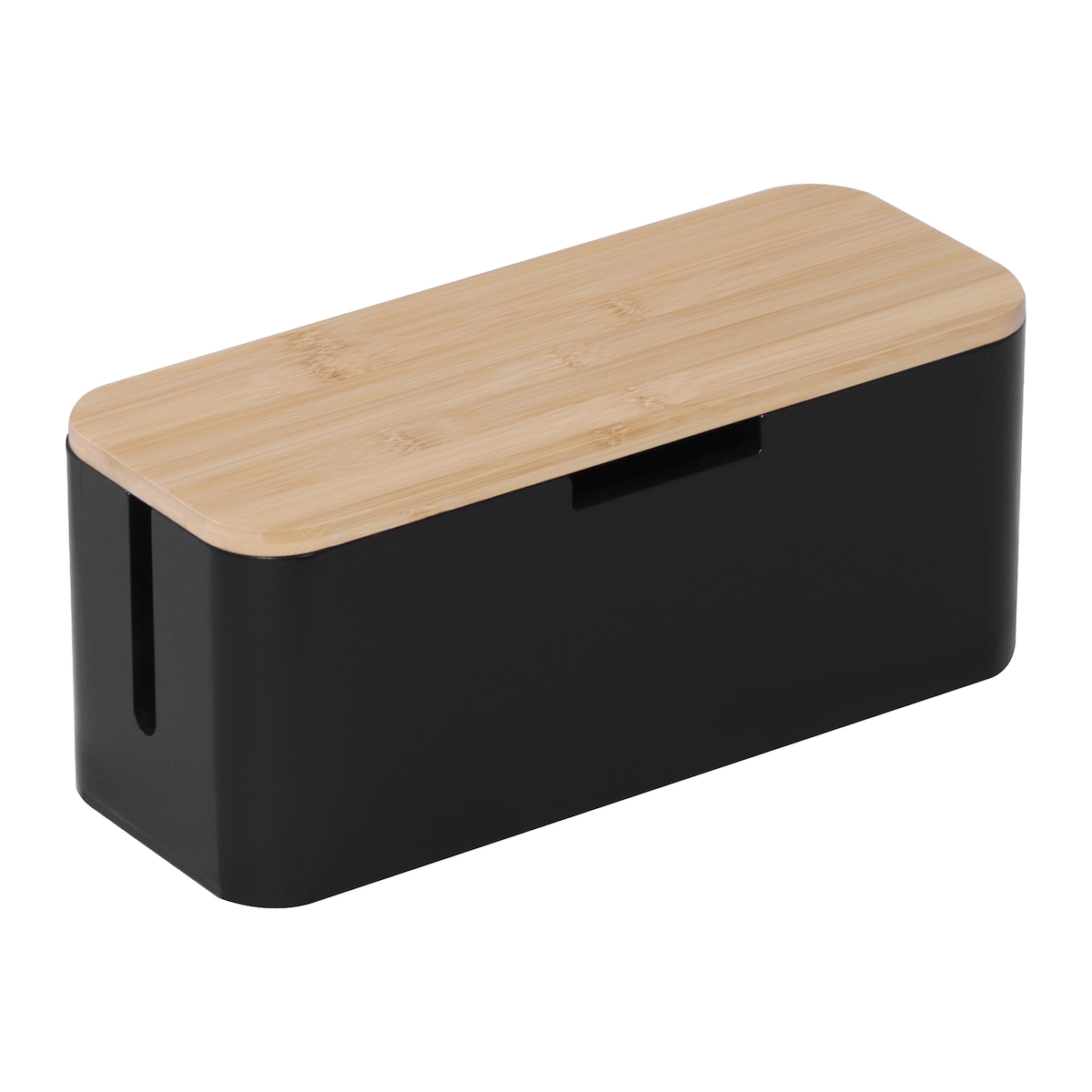 Relaxdays Kabelbox für Steckdosenleiste, Bambus, Deckel, 14,5x34x13,5 cm, Kabel verstecken, Steckdosenbox, natur/schwarz Image