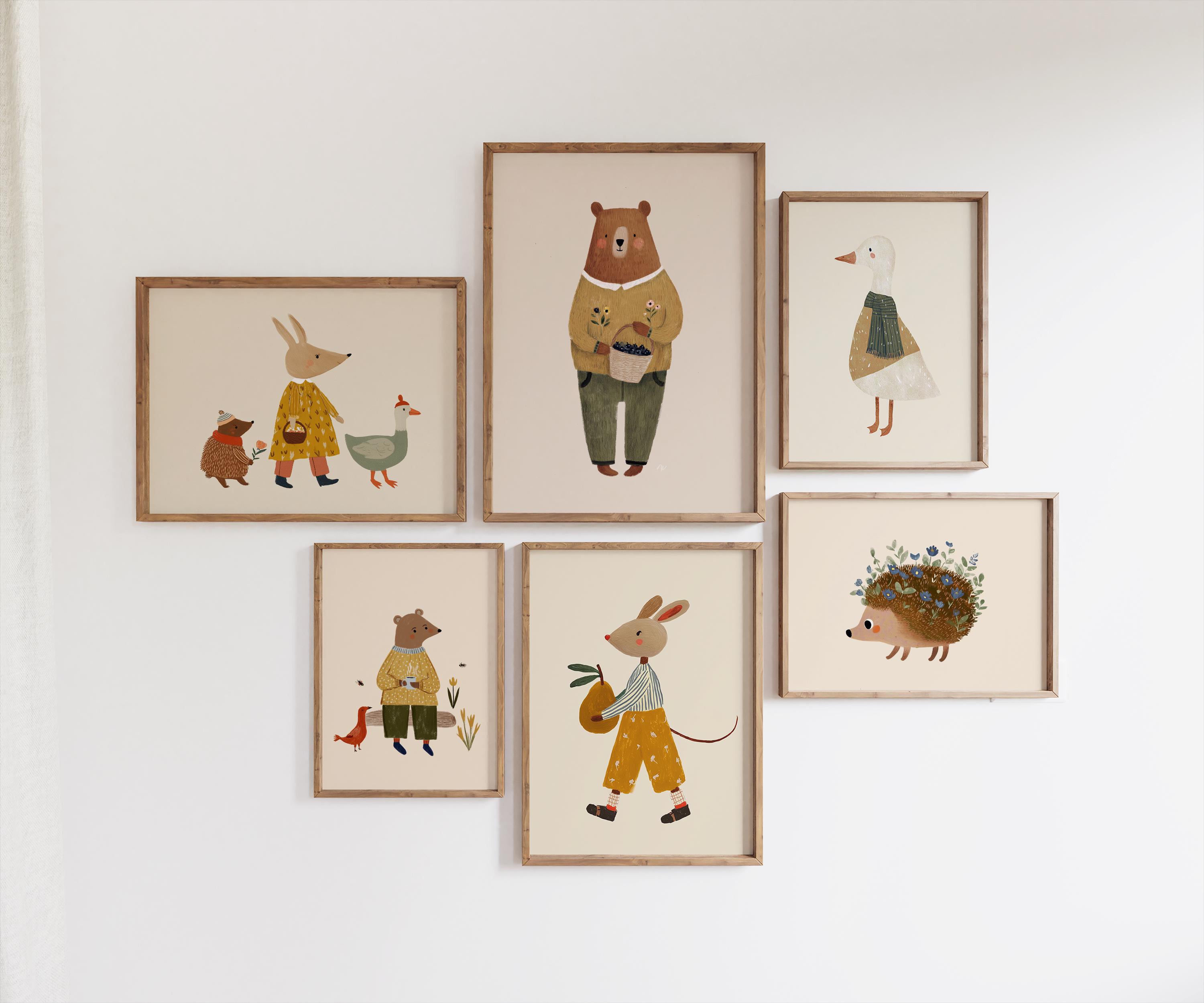 Set di 40 stampe artistiche da parete per bambini, stampe artistiche con animali del bosco per la cameretta dei bambini, stile vintage, decorazioni pe