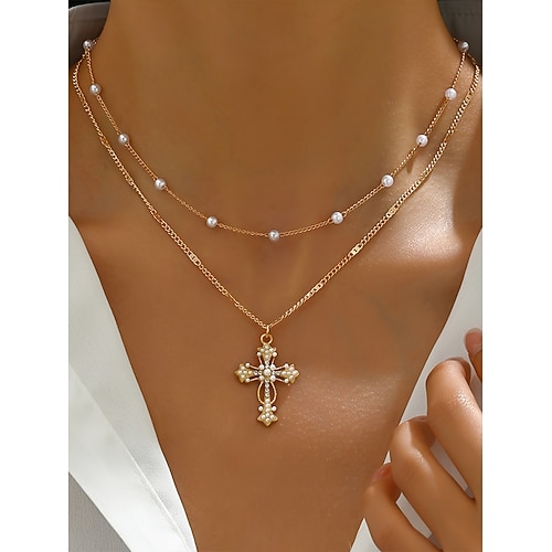 Collana con croce natalizia da donna, catena in oro a strati con ciondolo di perle e strass, elegante gioiello natalizio per feste, matrimoni e regali