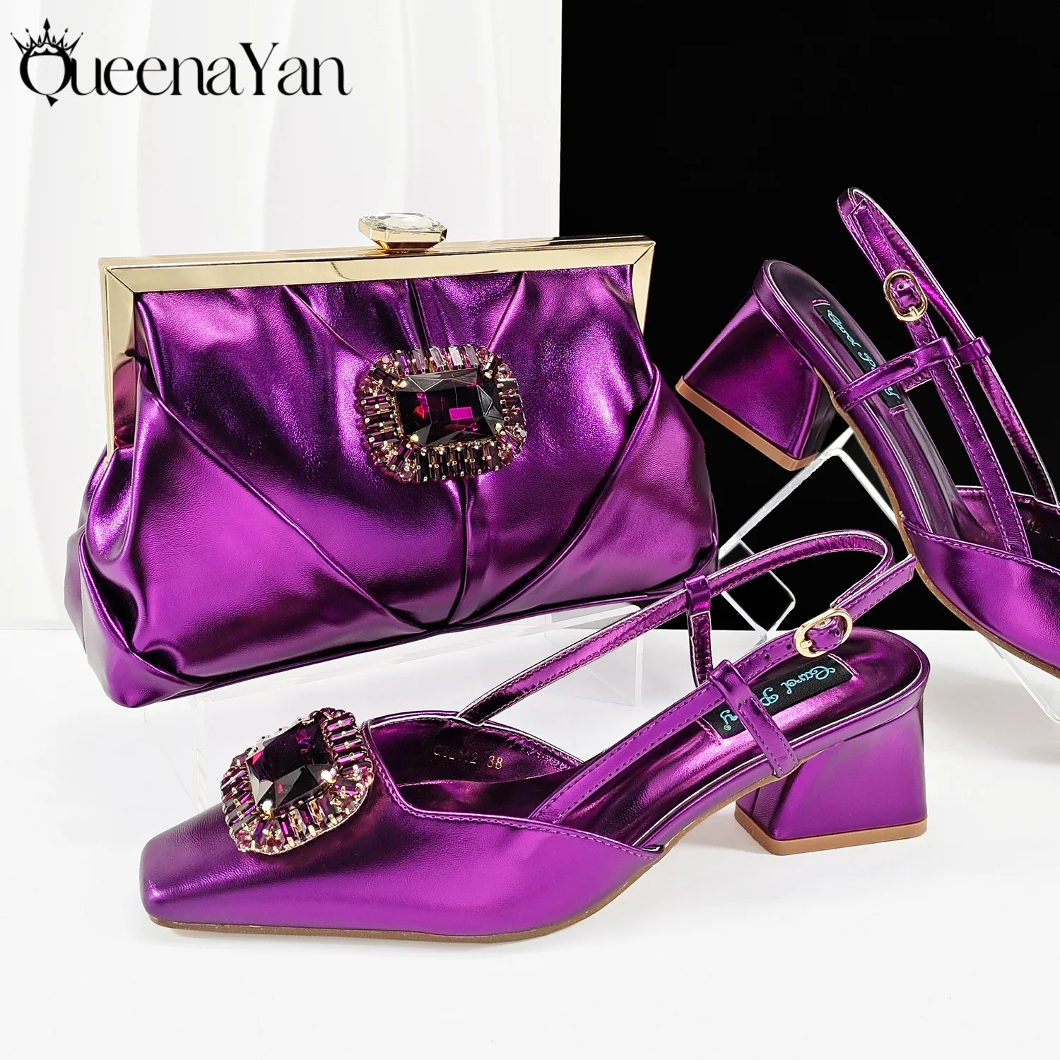 Queena Yan 2025, nigerianische Fersenparty für Damen, lila Farbe, Schuhe und Taschen-Set, Strass-Handtasche, italienisches Design, Hochzeit