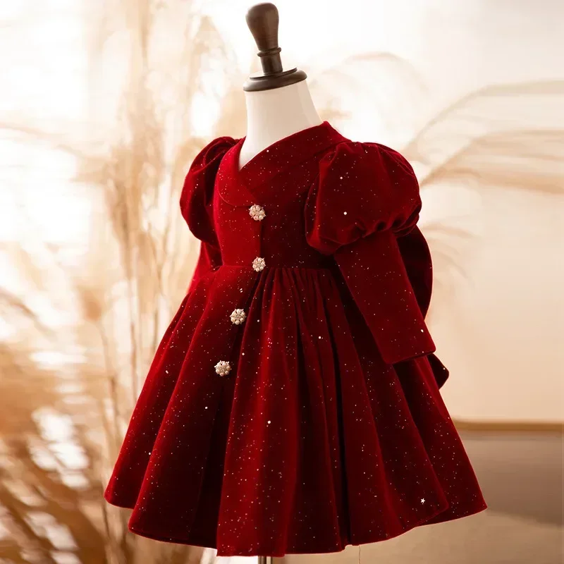 Neugeborenes Baby Mädchen Prinzessin Weihnachten Rote Kleider Puffärmel Säugling Kleinkind Glänzend Vintage Winter Abendkleid Schleife 12M-10Y Image