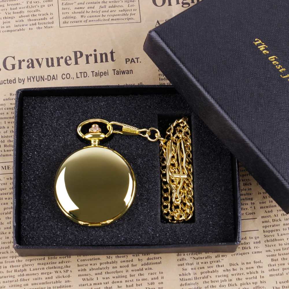 Montre de poche à Quartz dorée de luxe, coffret cadeau pour la famille, mode décontractée, collier pendentif unisexe, montres de poche et chaîne Fob avec boîte