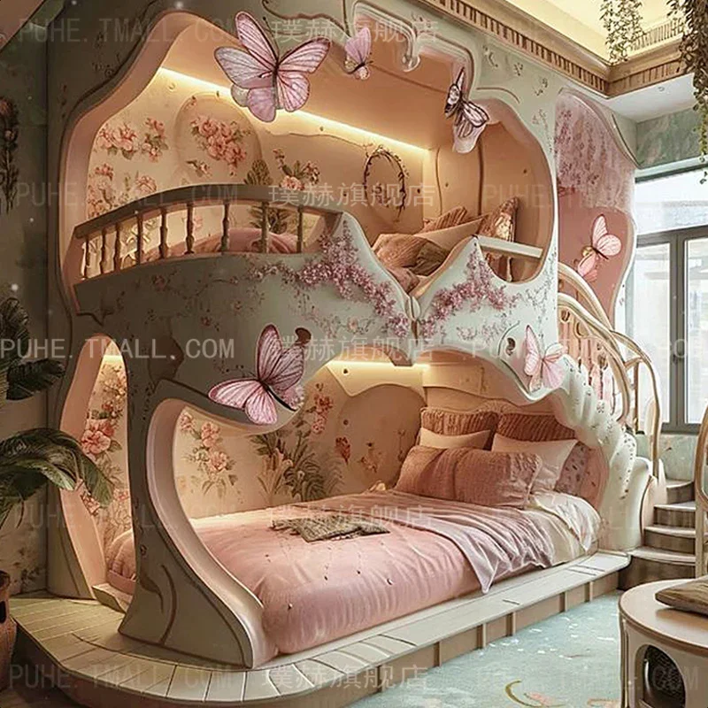 Nuovo letto per bambini su e giù Letto per ragazza casa sull'albero 2024 nuovo castello principessa di lusso di lusso rosa chiaro