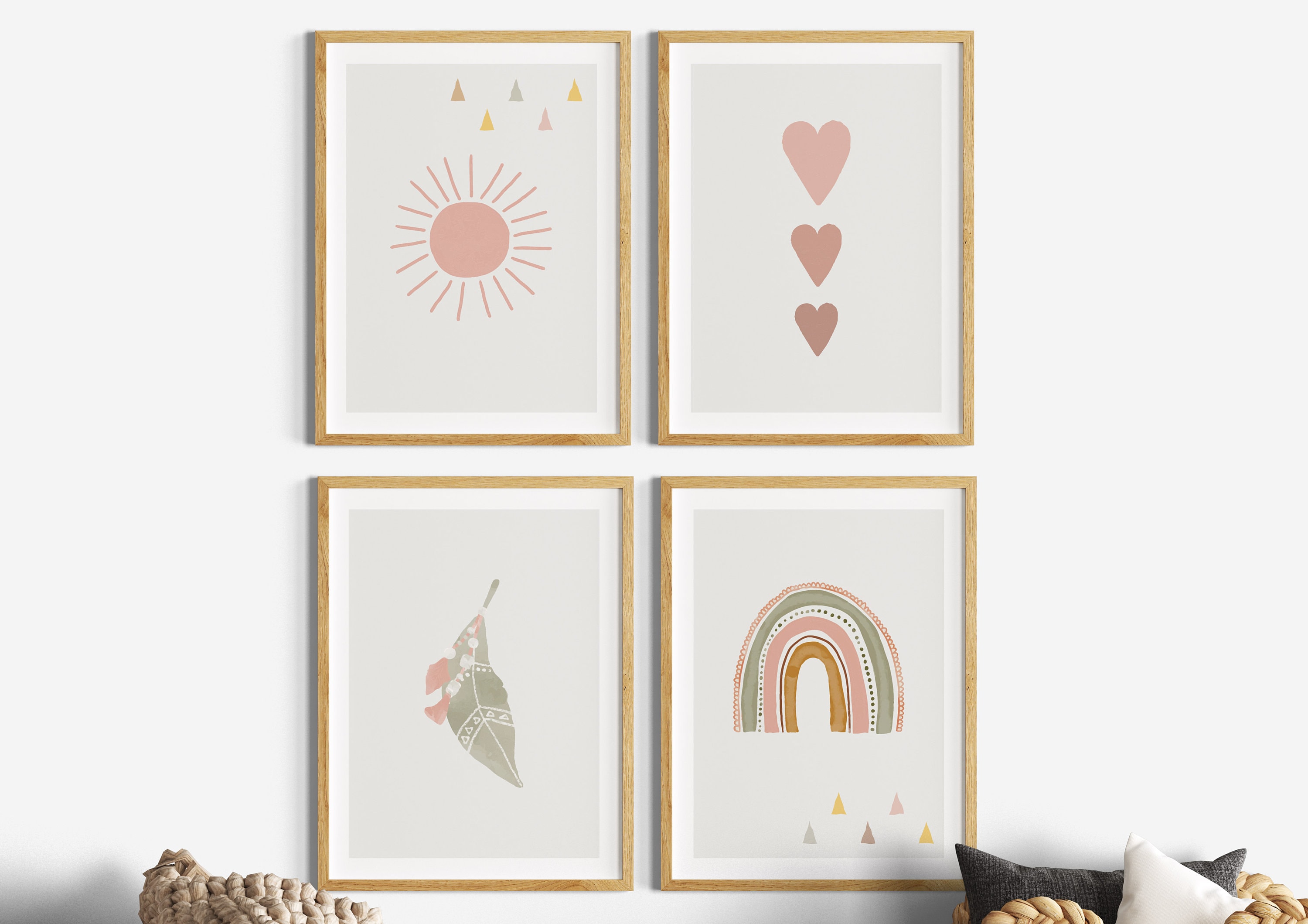 Decorazione murale per cameretta dei bambini, set di 4 poster, decorazione murale boho rosa antico per cameretta delle bambine, immagini di sole, arco